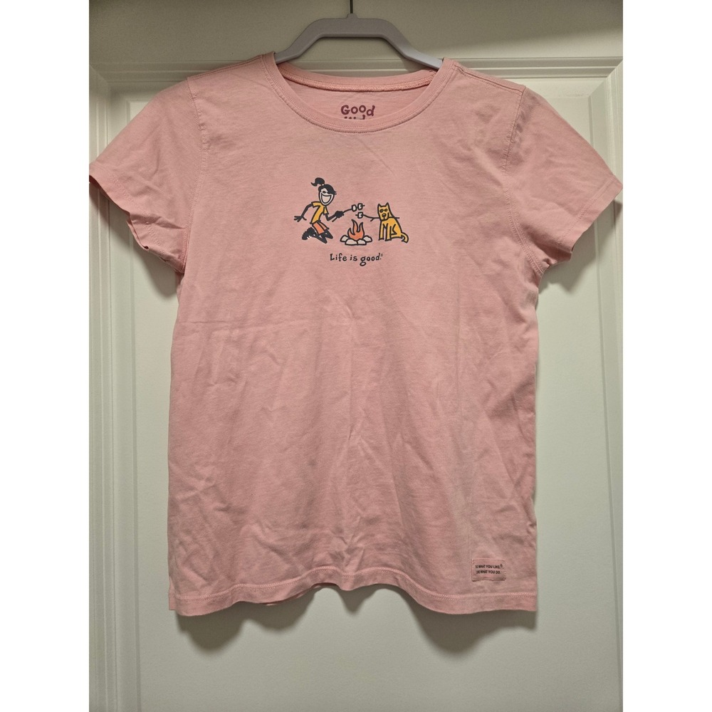 Life is Good Girls Pink Campfire Marshmallow Dog Graphic T-Shirt Size XL 12-14